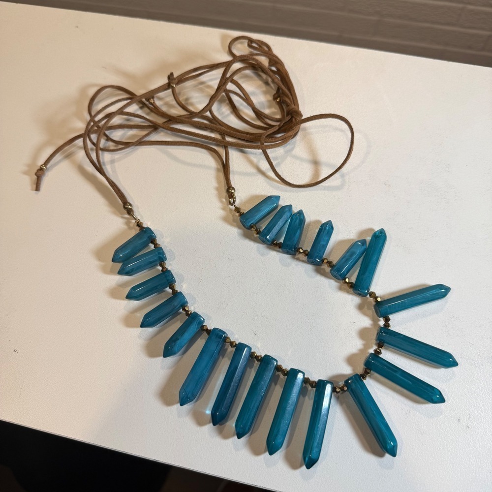 Boho Turquoise Stone Necklace Adjustable Brown Suede Cord Pendant Jewelry